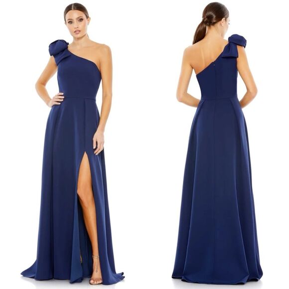NWT Mac Duggal Bow One Shoulder A Line Gown Midnight 26989 Size 6 - Picture 1 of 9
